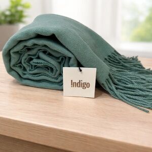 Indigo Sage Green Fringe Throw Blanket 35x60 Soft Woven Minimalist